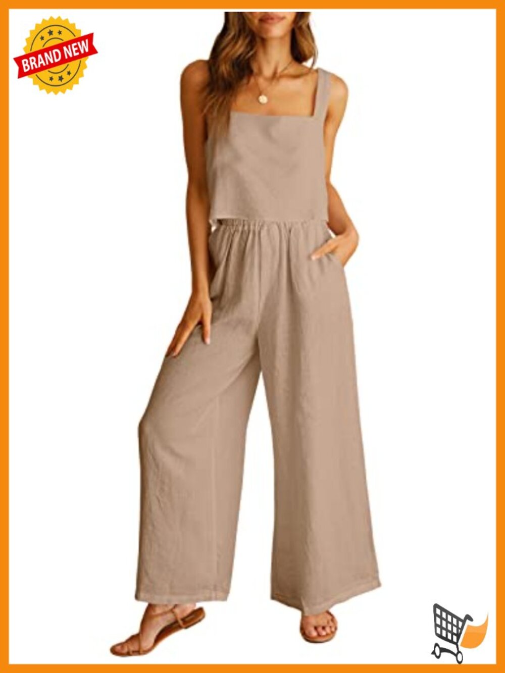 Women's 2 Piece Linen Blend Set Sleeveless Crop Tank Wide Leg Pants Summer